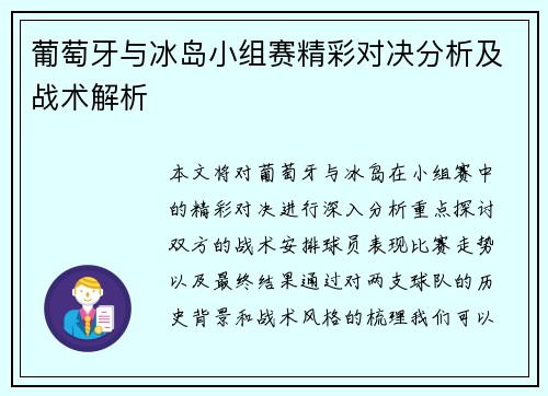 葡萄牙与冰岛小组赛精彩对决分析及战术解析